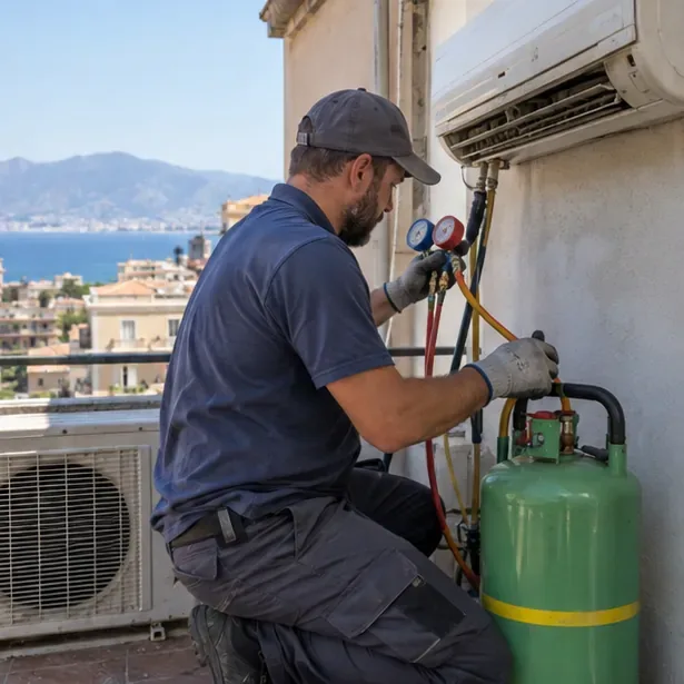 Tecnico con guanti collega manometri e bombola di recupero all’unità esterna di un condizionatore sul balcone
