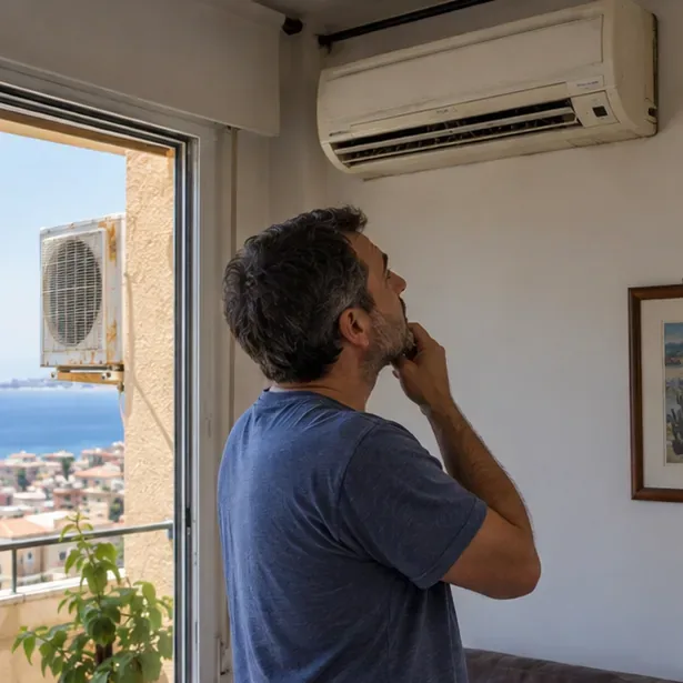 Persona osserva un vecchio condizionatore split installato in un appartamento con vista sul mare di Reggio Calabria
