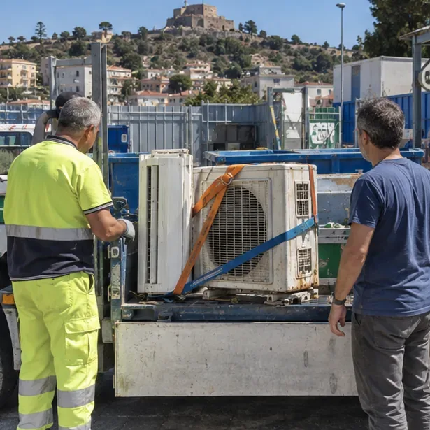 Operatori movimentano unità di condizionatori fissate su un mezzo presso un’area di raccolta con il Castello Aragonese sullo sfondo