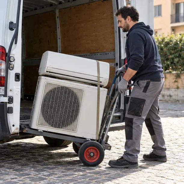 Un addetto fissa unità interna ed esterna di un condizionatore su un carrello davanti a un furgone