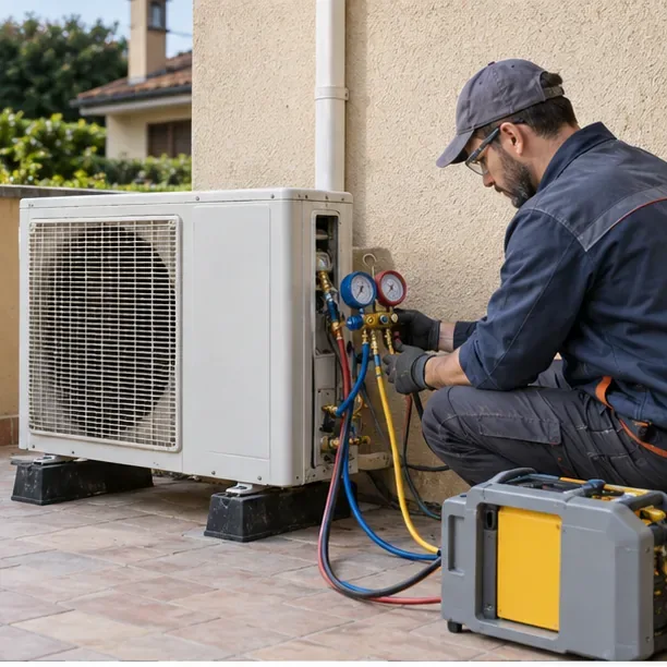 Un tecnico collega strumenti professionali all’unità esterna per recuperare il refrigerante