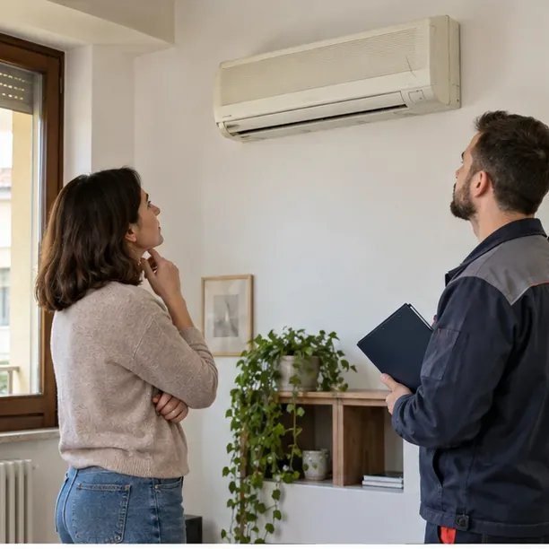 Una residente osserva un vecchio climatizzatore split a parete insieme a un tecnico