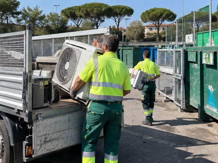 Operatori in alta visibilità movimentano unità esterne di climatizzatori in un'area attrezzata per la raccolta dei rifiuti elettronici