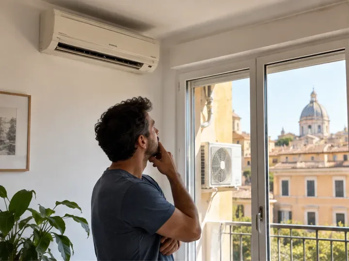 Un residente osserva un climatizzatore split installato in un appartamento romano prima di scegliere come dismetterlo