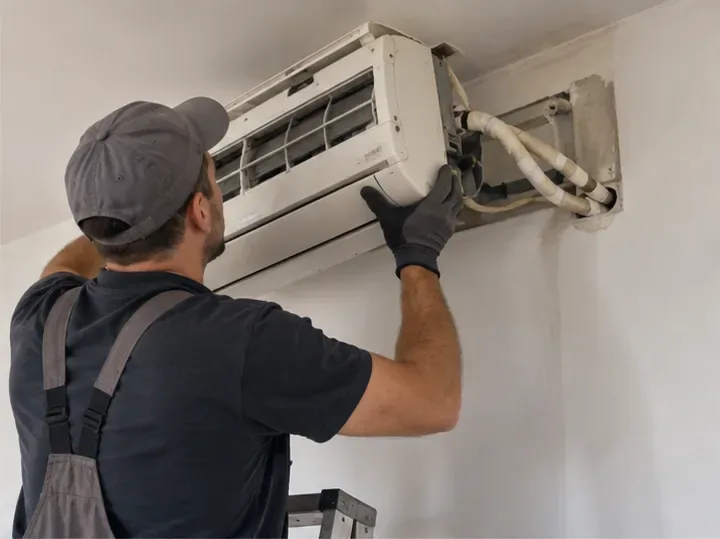 Un tecnico con guanti rimuove l'unità interna di un climatizzatore split da una parete