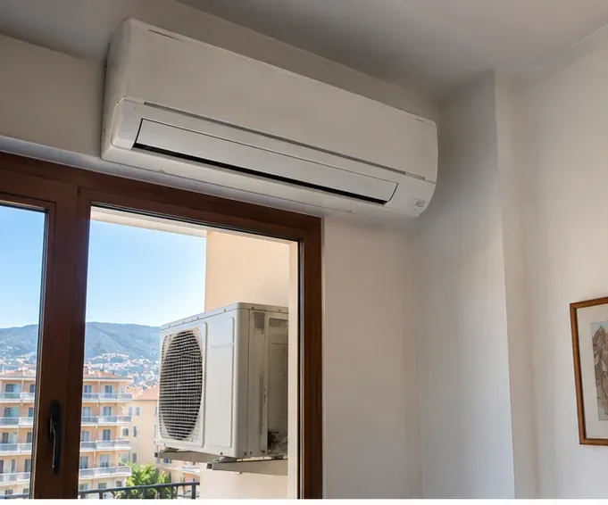 Condizionatore split ancora installato, con unità interna a parete e unità esterna sul balcone