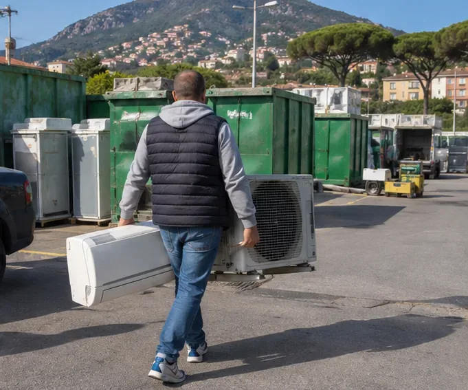 Persona che porta le due unità di un climatizzatore verso un’area attrezzata per la raccolta di apparecchiature dismesse