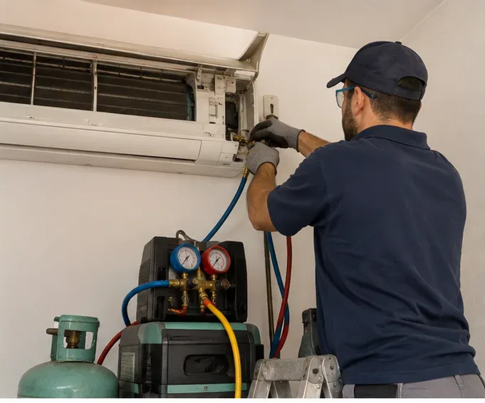 Tecnico che interviene su un climatizzatore con manometri e attrezzatura collegata al circuito frigorifero