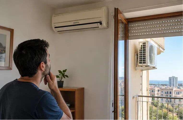 Persona che osserva un vecchio condizionatore split installato in casa prima di decidere come sostituirlo e smaltirlo
