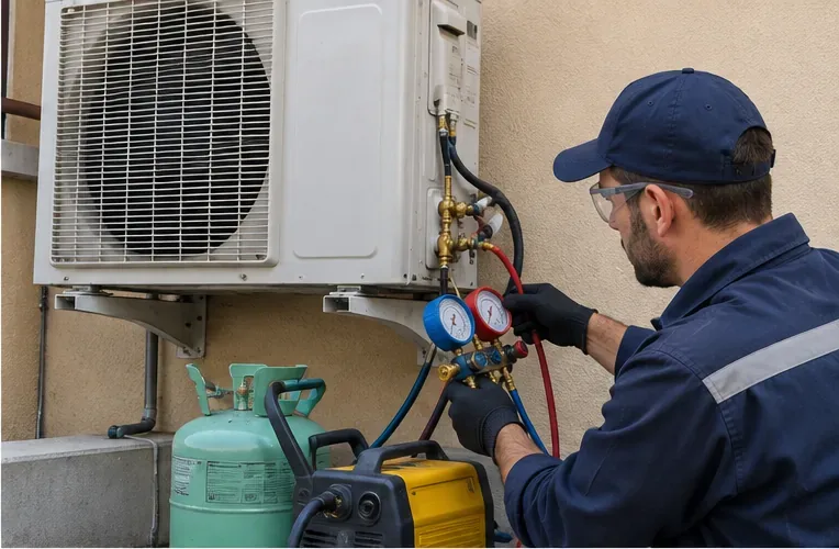 Tecnico con manometri e attrezzatura di recupero collegato all'unità esterna di un climatizzatore