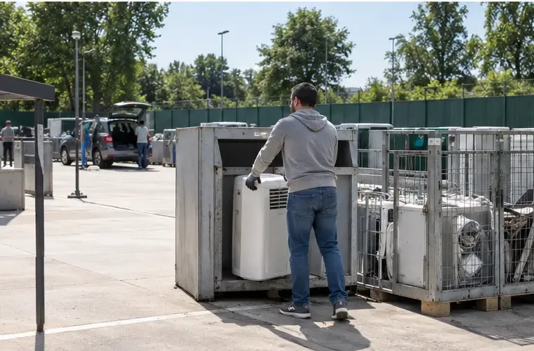 Una persona porta un condizionatore portatile verso l’area per gli apparecchi elettrici di un centro di raccolta