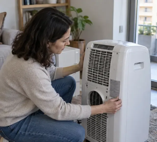 Una persona controlla il modello e le condizioni di un condizionatore portatile bianco in casa