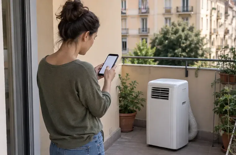 Una residente usa lo smartphone per organizzare il ritiro di un condizionatore portatile su un balcone