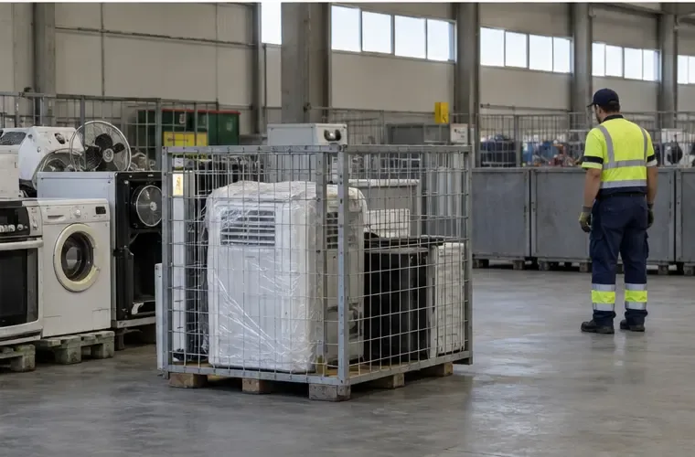 Un condizionatore imballato è separato dagli altri apparecchi in un’area coperta di selezione dei rifiuti elettrici
