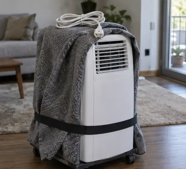 Un condizionatore portatile scollegato è coperto con una coperta, con il cavo raccolto e fissato
