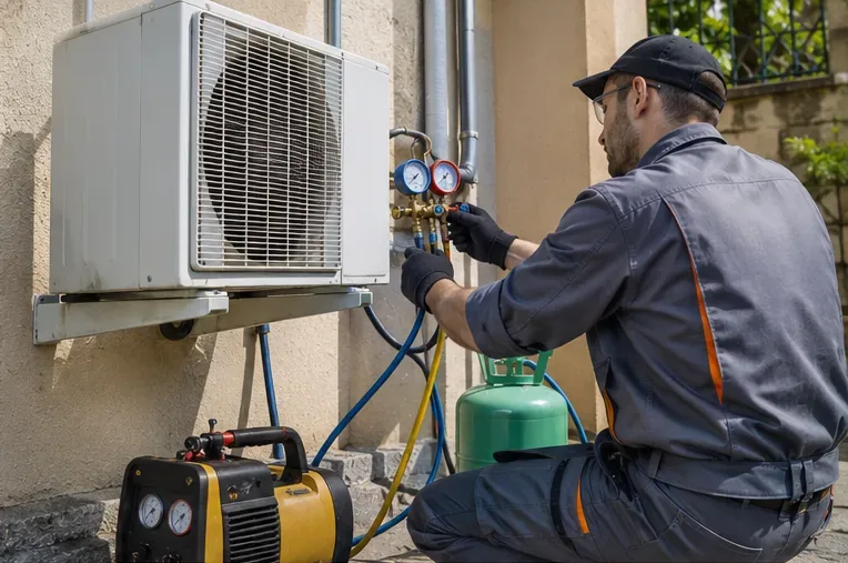 Tecnico che lavora sull'unità esterna di un climatizzatore con manometri, tubi e attrezzatura per il circuito refrigerante