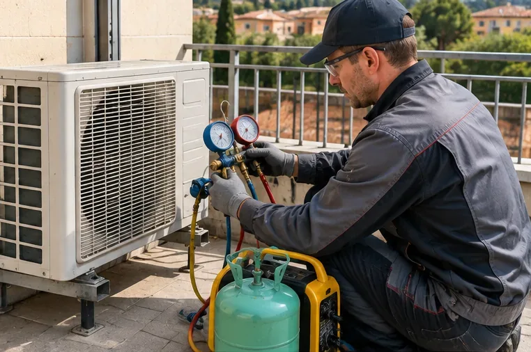 Tecnico con strumenti per circuito frigorifero lavora sull’unità esterna di un climatizzatore prima della rimozione