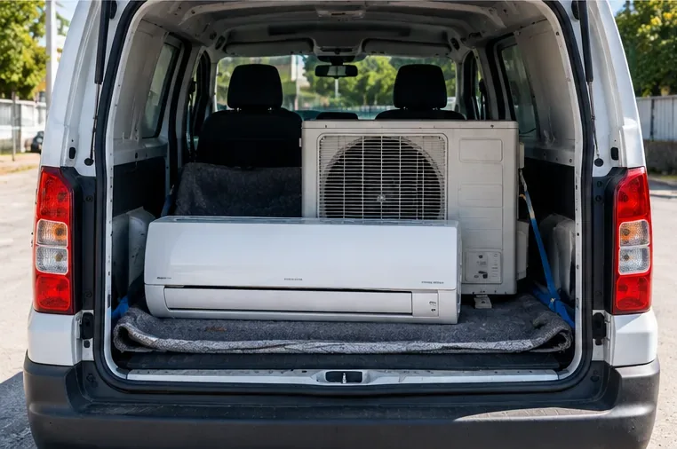 Unità interna ed esterna di un climatizzatore smontato e sistemato nel vano di un furgone per il trasporto