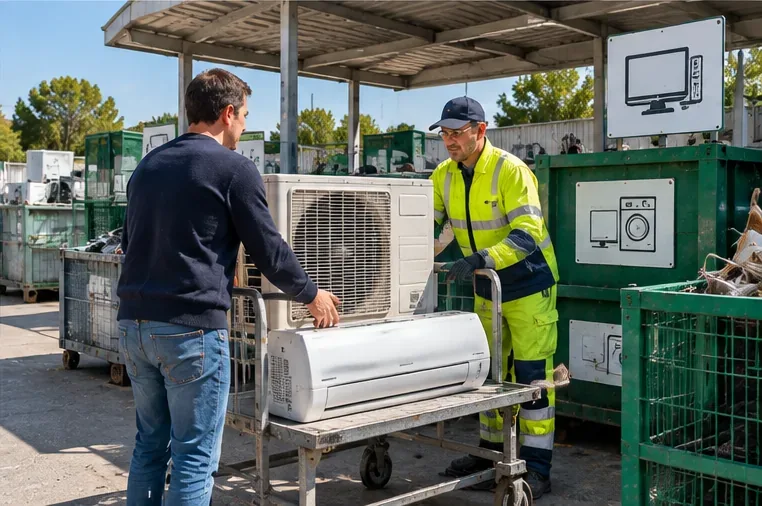 Cittadino consegna le unità di un climatizzatore a un operatore in un centro di raccolta per rifiuti elettrici