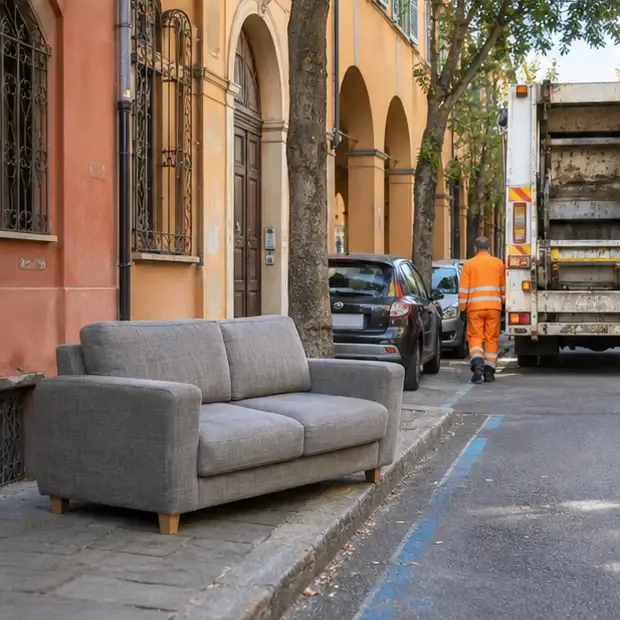 Un divano collocato sul bordo della strada davanti a un edificio, con un mezzo di raccolta nelle vicinanze