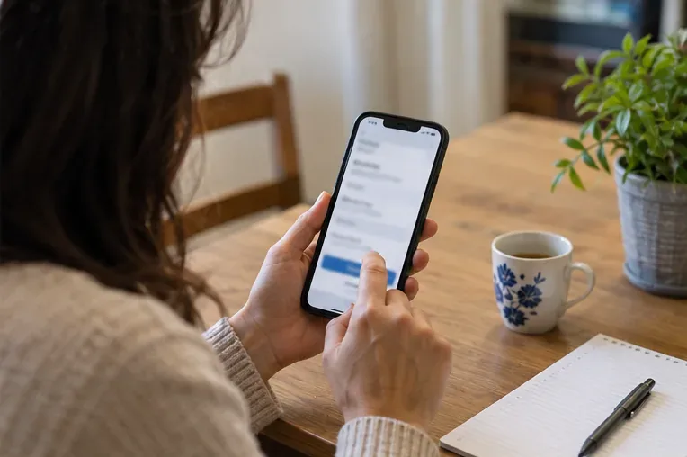 Una donna usa uno smartphone al tavolo di casa per effettuare una prenotazione online