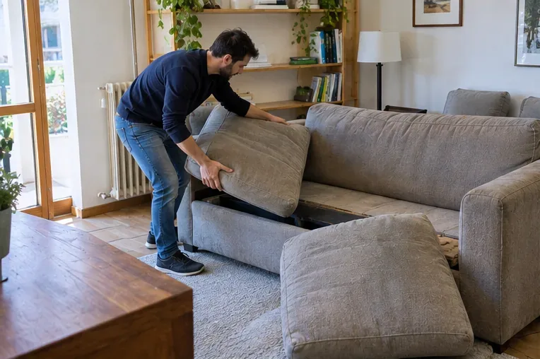Un uomo rimuove i cuscini e prepara un vecchio divano grigio per lo smontaggio in casa