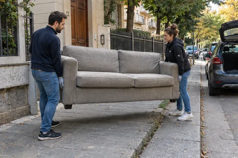 Due persone trasportano un divano sul marciapiede davanti a un'abitazione senza bloccare il passaggio