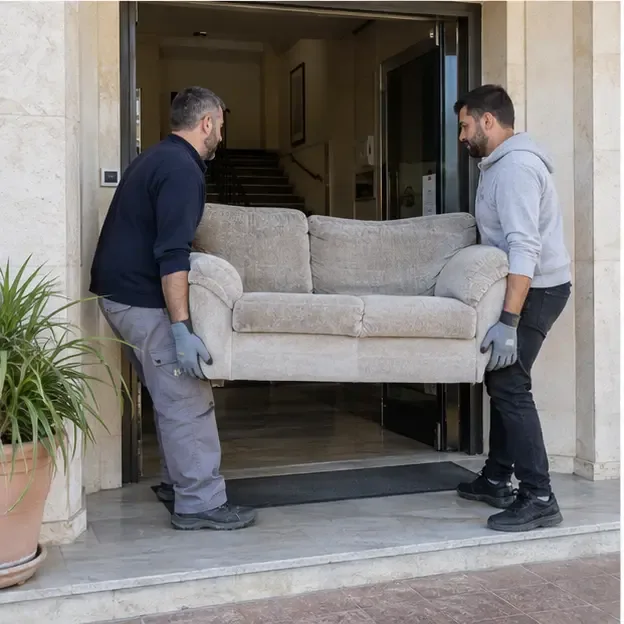Due persone con guanti trasportano con prudenza un divano attraverso l’ingresso di un edificio verso il punto di ritiro