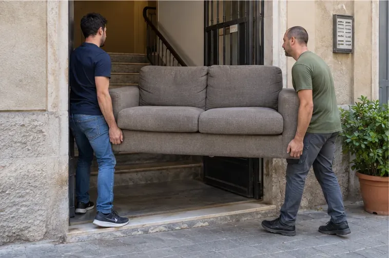 Due adulti trasportano insieme un divano attraverso il portone di un edificio verso l'esterno