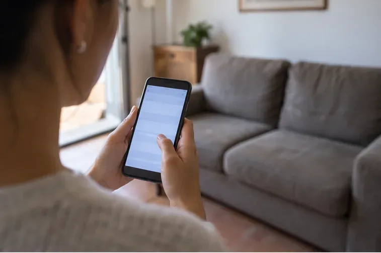 Una persona usa lo smartphone davanti a un divano per prenotare il ritiro di un rifiuto ingombrante
