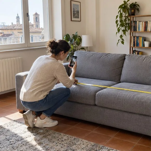 Una persona misura un divano pulito e ne fotografa le condizioni per valutarne il riuso