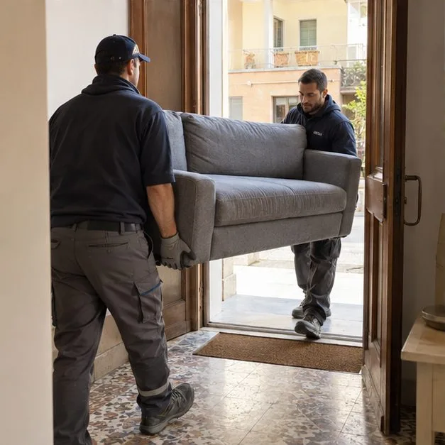 Due addetti trasportano un divano attraverso la porta di un edificio residenziale