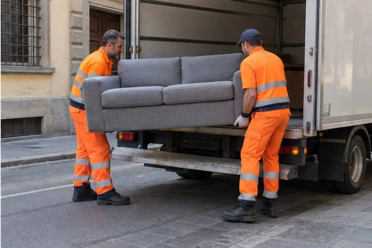 Due operatori in divisa arancione caricano un divano grigio su un camion.