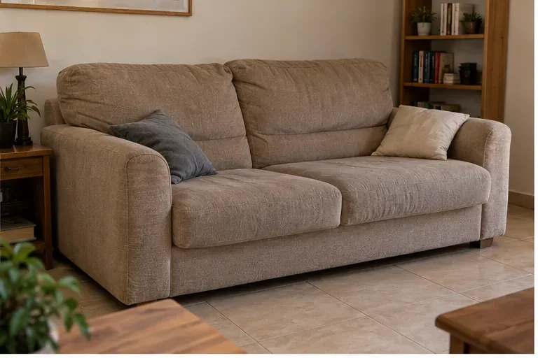 Un divano beige a tre posti in un soggiorno, pronto per essere rimosso e avviato al corretto smaltimento