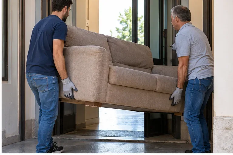 Due persone con guanti spostano con attenzione un divano beige attraverso una porta
