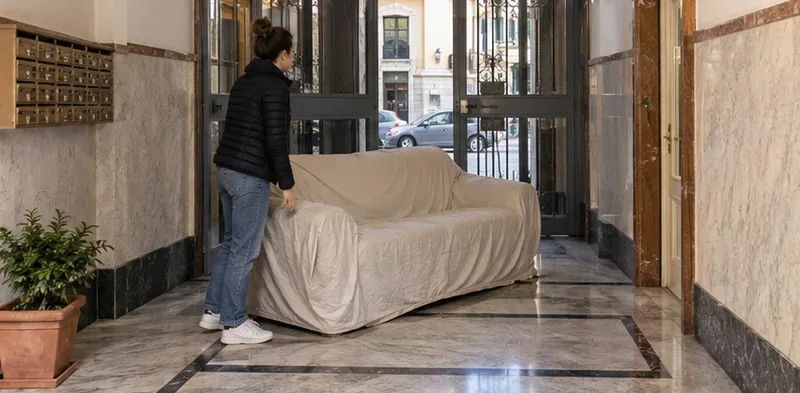 Divano coperto posizionato all'interno dell'ingresso di un condominio genovese con il passaggio libero