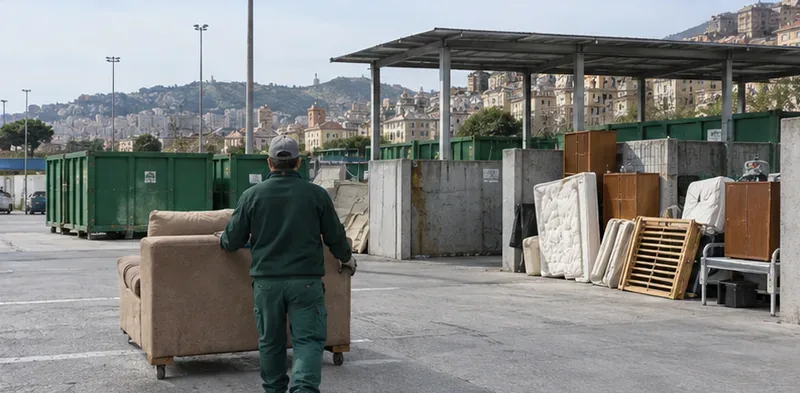 Operatore spinge un divano verso l'area per i mobili ingombranti di un centro di raccolta