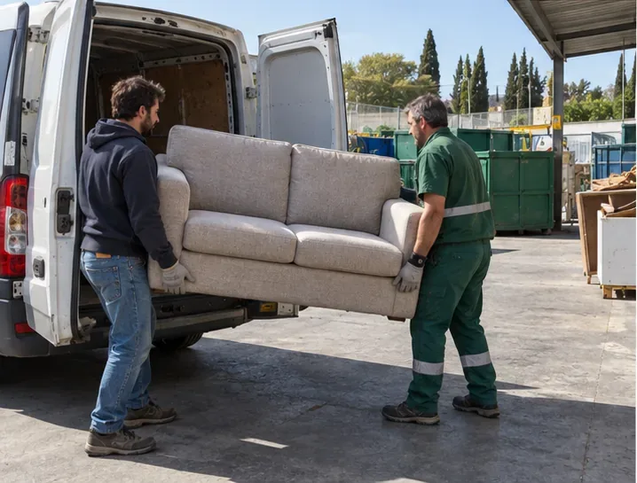 Due persone portano un divano da un furgone verso un’area di conferimento per rifiuti ingombranti