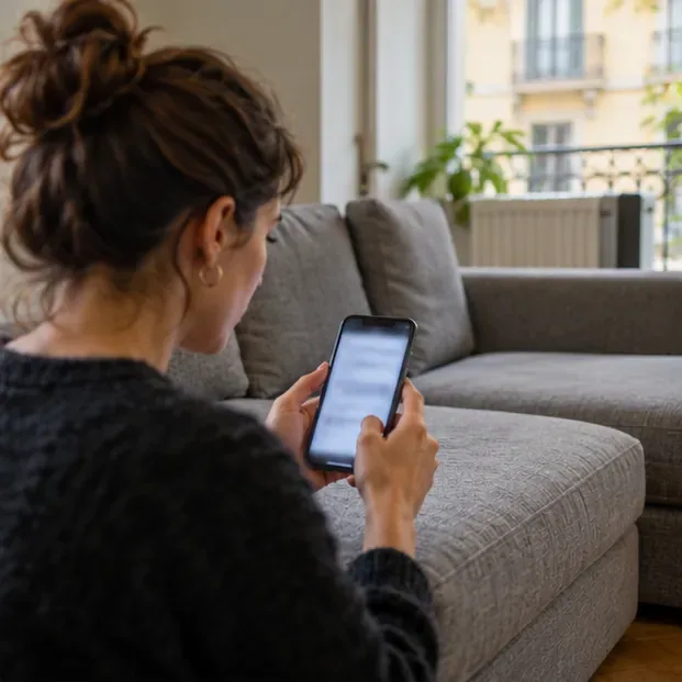 Una residente consulta il telefono accanto al divano mentre organizza la prenotazione del ritiro
