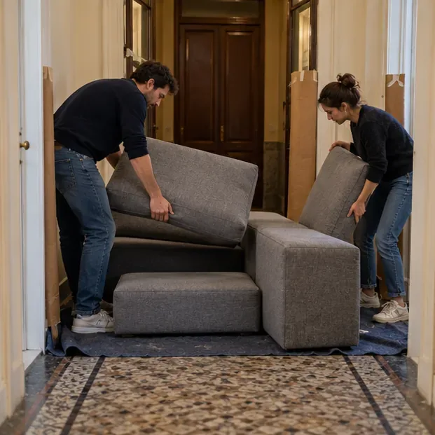 Due persone movimentano in sicurezza moduli separati di un divano attraverso l’ingresso di un edificio