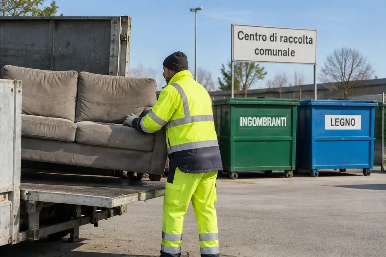 Operatore in abbigliamento ad alta visibilità scarica un divano presso un centro di raccolta con contenitori per ingombranti e legno