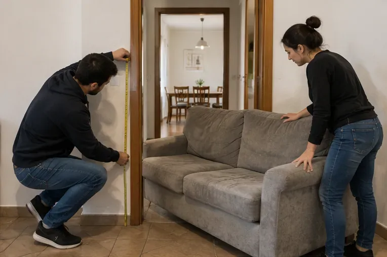 Due persone misurano una porta mentre preparano un divano grigio per l'uscita dall'appartamento