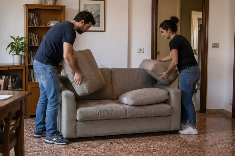 Due persone rimuovono i cuscini da un divano in casa prima dello smaltimento