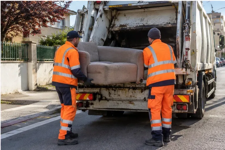 Due operatori in abbigliamento ad alta visibilità sollevano un divano verso il retro di un automezzo per la raccolta dei rifiuti.