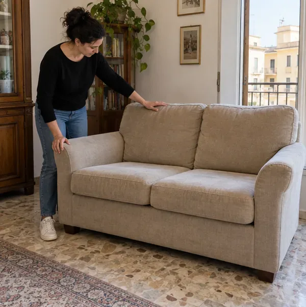 Una residente controlla lo stato di un divano in tessuto in un soggiorno