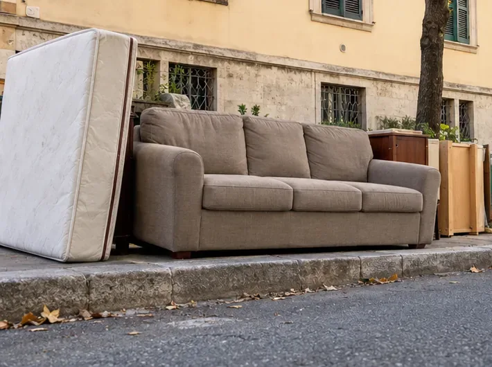 Divano appoggiato sul marciapiede davanti a un edificio residenziale, accanto a un materasso
