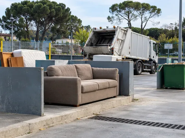 Divano depositato in un’area per rifiuti ingombranti di un centro di raccolta, con un automezzo sullo sfondo