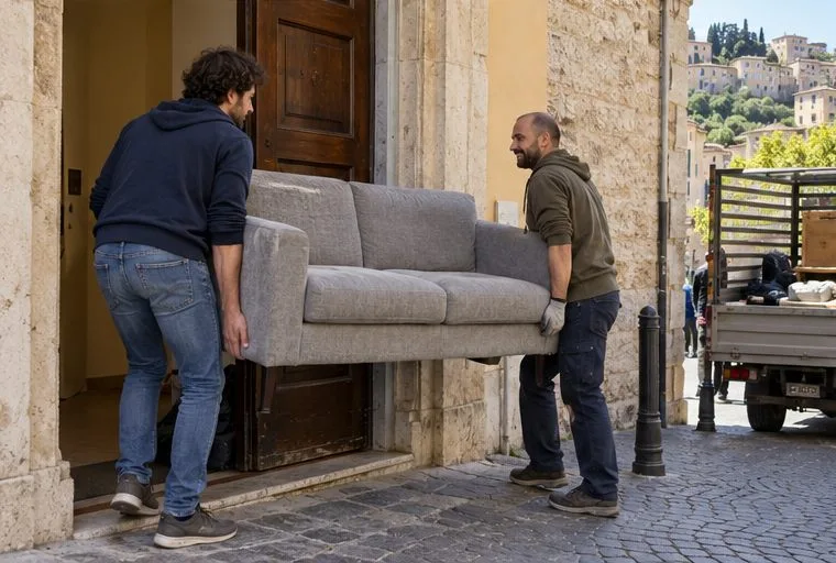 Due persone trasportano con cautela un divano grigio attraverso l’ingresso di un edificio verso l’esterno