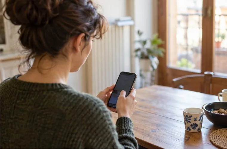 Una donna guarda il proprio smartphone mentre organizza in casa lo smaltimento di un divano