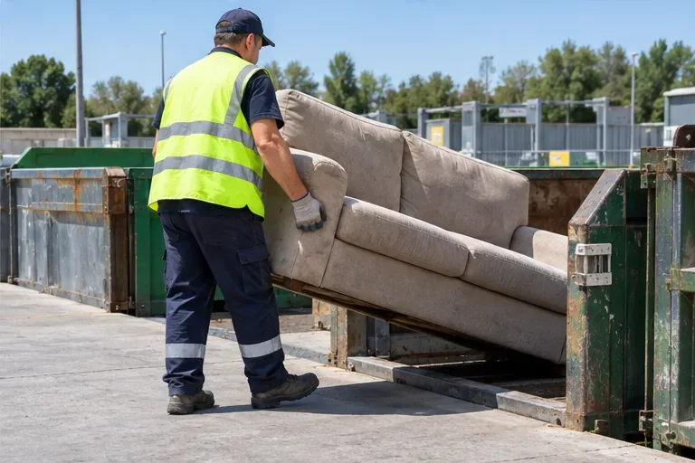 Un addetto con gilet ad alta visibilità manovra un divano presso un centro attrezzato per la raccolta di rifiuti ingombranti